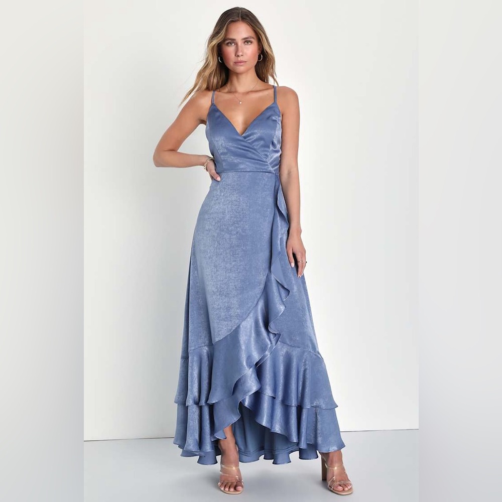 NWT Lulus In Love Forever Slate Blue Satin Lace-Up High-Low Maxi Dress